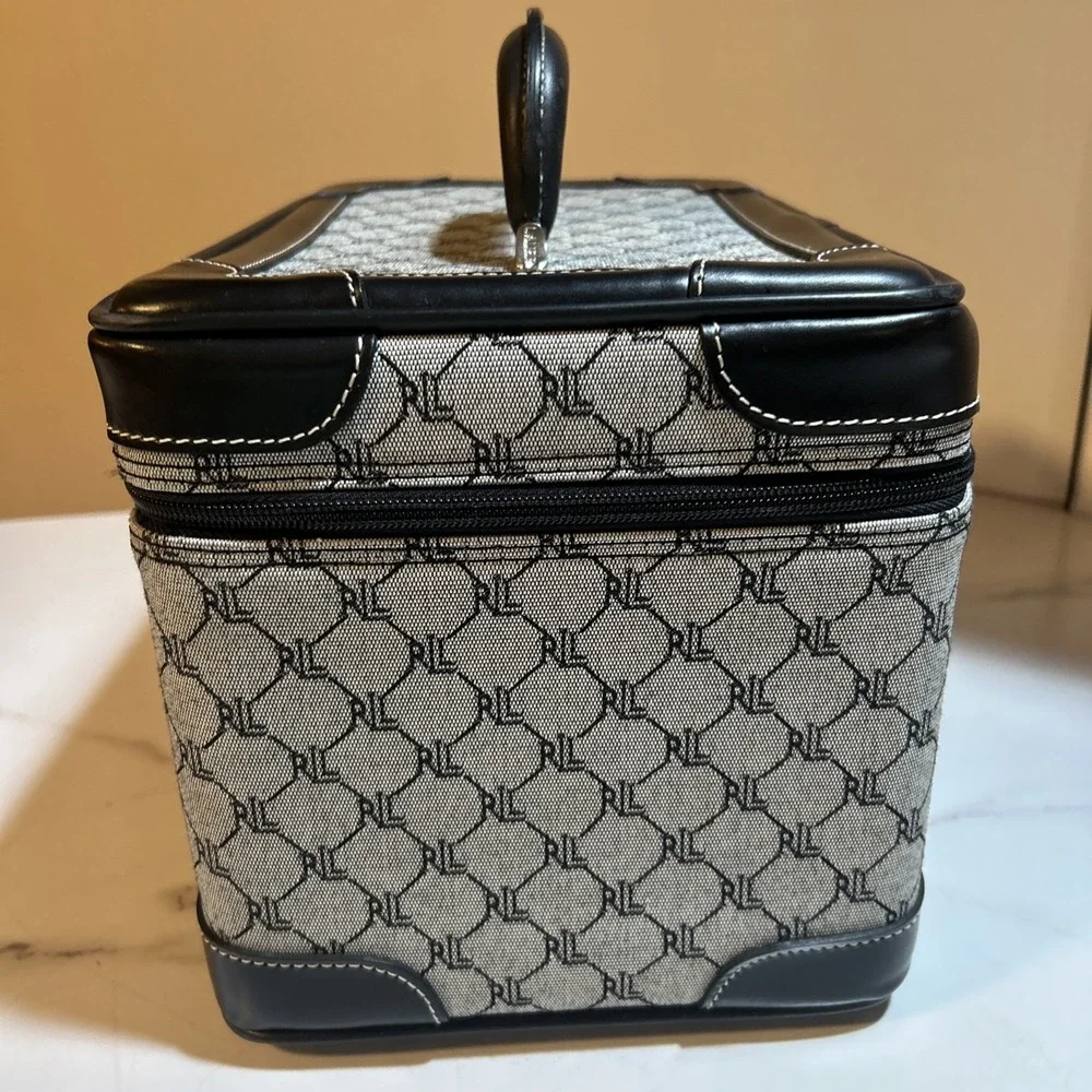 Ralph Lauren Signature Monogramed Gray Black Leather Trim Cosmetic Case